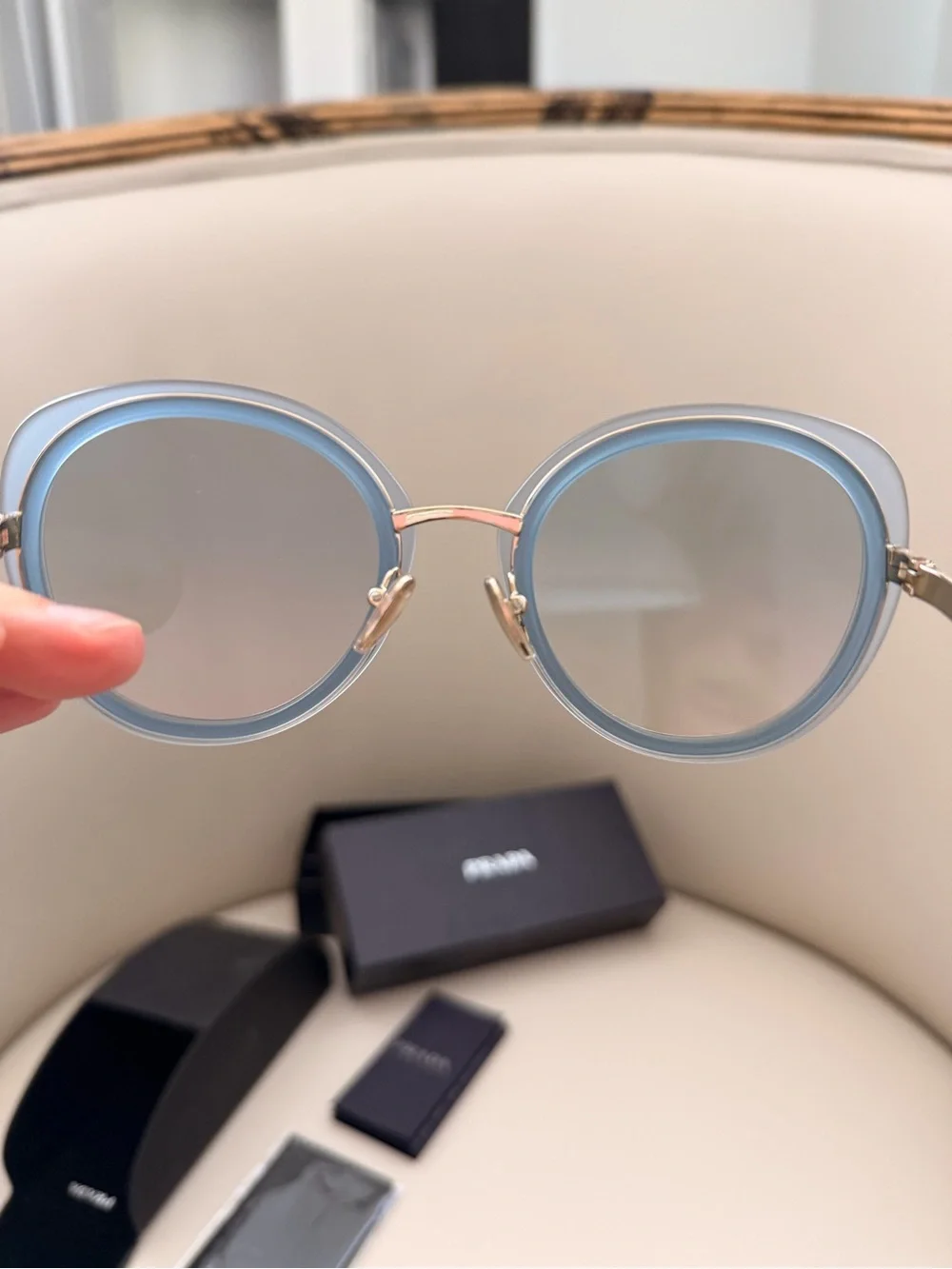 Prada 100% Round Sunglasses in Light Grey with Gold Trim